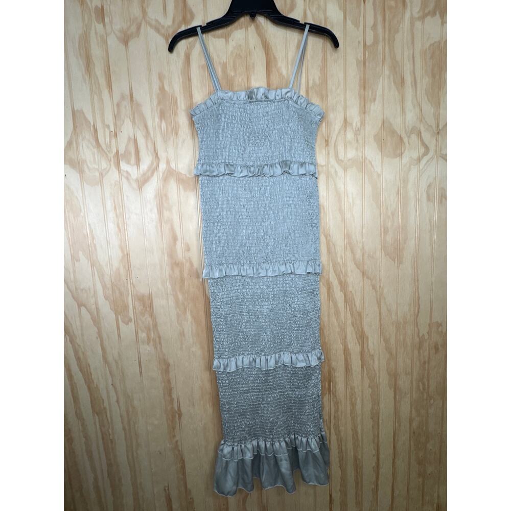 Mable Smocked Tiered Ruffle Midi Dress Cottagecore Gray Adjustable Strap Small
